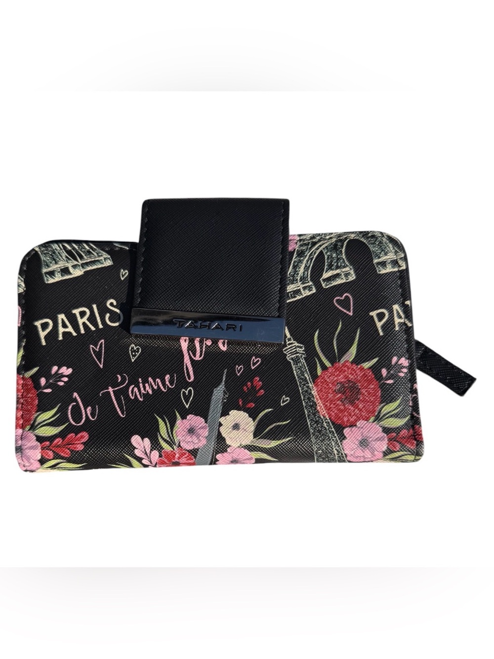 Tahari Black Floral Paris-Themed Wallet nwt
